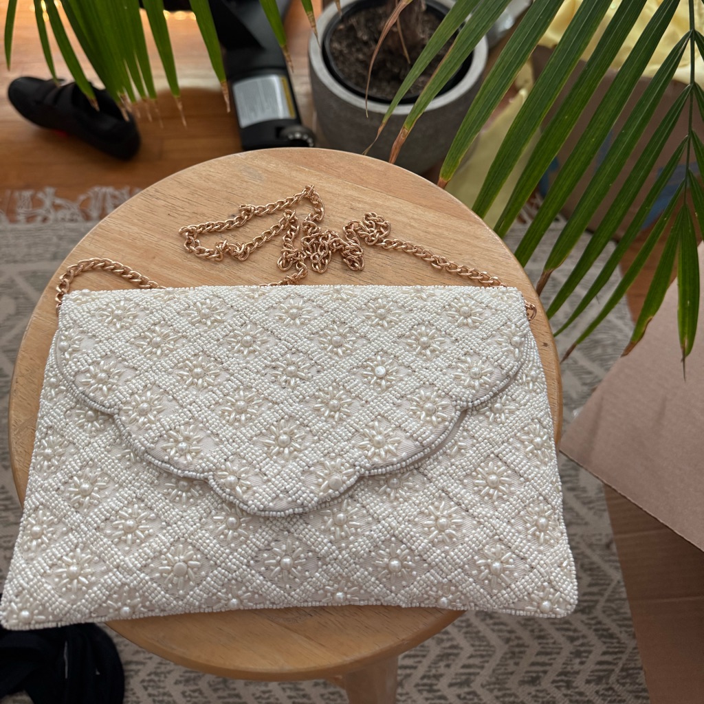 Ivory Beaded Envelope Clutch With Gold Chain